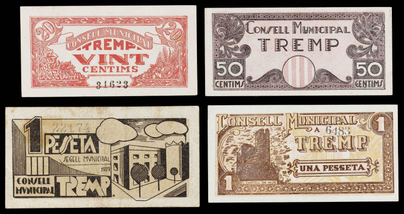 Tremp. 20, 50 céntimos y 1 peseta (dos). (T. 3021, 3023, 3025a y 3026). 4 billet...