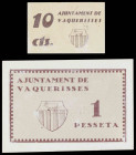 Vacarisses. 10 céntimos y 1 peseta. (T. 3047 y 3049). Un billete y un cartón. EBC-/EBC.
