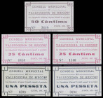 Vallfogona de Riucorp. 25 (dos), 50 céntimos y 1 peseta (dos). (T. 3084d, 3085c y 3086b). 5 billetes, una serie completa. MBC/EBC.