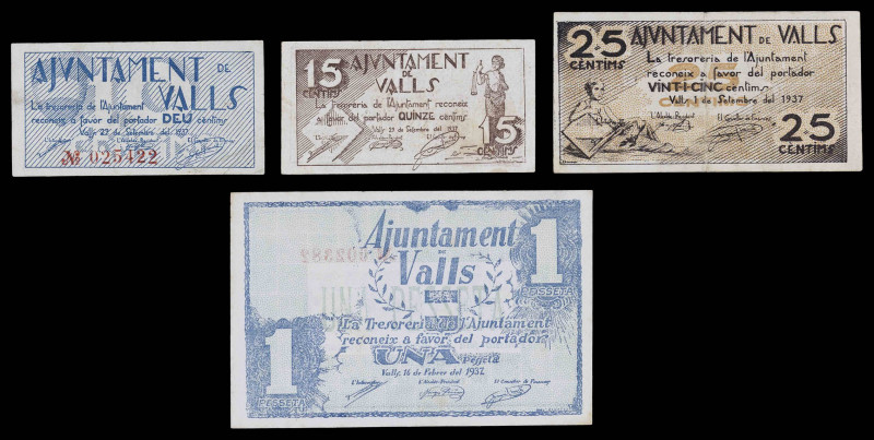 Valls. 10, 15, 25 céntimos y 1 peseta. (T. 3105, 3108a, 3109a y 3110). 4 billete...