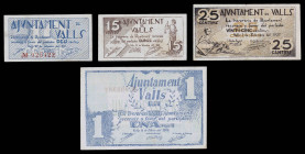 Valls. 10, 15, 25 céntimos y 1 peseta. (T. 3105, 3108a, 3109a y 3110). 4 billetes, una serie completa. MBC/EBC-.