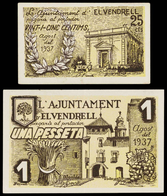 El Vendrell. 25 céntimos y 1 peseta. (T. 3128 y 3129b). 2 billetes, serie comple...