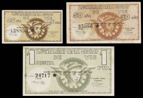 Vic. 25, 50 céntimos y 1 peseta. (T. 3152, 3153 y 3154b). 3 billetes, serie completa. MBC-/MBC.