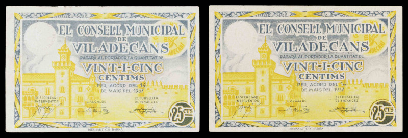Viladecans. 25 céntimos (dos). (T. 3202). 2 billetes. MBC/MBC+.