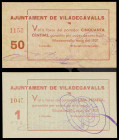 Viladecavalls del Vallès. 50 céntimos y 1 peseta. (T. 3203a y 3204a). 2 cartones, todos los de la localidad. Escasos. EBC/EBC+.