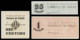 Vilafranca del Penedès. 10, 25 céntimos y 1 peseta. (T. 3219b, 3220 y 3221). 3 billetes, todos los de la localidad. MBC-/EBC+.