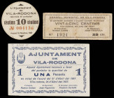 Vila-rodona. 10, 25 céntimos y 1 peseta. (T. 3318, 3320 y 3321). 2 billetes y un cartón redondo. Raros. BC+/MBC+.