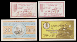 Vilassar de Dalt. 5 (dos), 50 céntimos y 1 peseta. (T. 3327, 3330 y 3332). 4 billetes. MBC-/EBC.