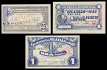 Vilassar de Mar. 25 céntimos y 1 peseta (dos). (T. 3333, 3335 y 3336). 3 billetes, una serie completa. MBC/EBC.