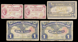 25 céntimos (tres) y 1 peseta (dos). Lote de 5 billetes catalanes de la Guerra Civil. A examinar. BC-/BC+.