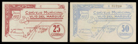 Viso del Marqués (Ciudad Real). Consejo Municipal. 25 y 50 céntimos. (KG. 829) (RGH. 5781 y 5782). 2 billetes, el de 25 céntimos sin numerar y el de 5...