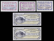 Lote de 5 billetes restos de imprenta. Dènia, 1 peseta (dos) y Totana: 25 céntimos, 1 y 2 pesetas. EBC.