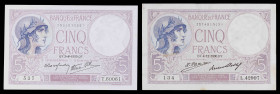 Francia. 1930 y 1939. Banco de Francia. 5 francos. (Pick 72d y 83). 2 billetes con fechas y firmas distintas. MBC-/MBC+.