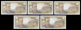 Francia. 1966. Banco de Francia. 5 francos. (Pick 146a). 5 de mayo, Louis Pasteur. Firmas: R. Tondu, P. Gargam y H. Morant. 5 billetes correlativos. E...