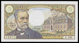 Francia. 1969. Banco de Francia. 5 francos. (Pick 146b). 5 de junio, Louis Pasteur. Firmas: R. Tondu, H. Morant y G. Bouchet. Puntos de óxido. EBC-.
