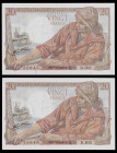 Francia. 1943. Banco de Francia. 20 francos. (Pick 100a). 7 de octubre. Firmas: P. Rousseau y R. Favre-Gilly. Pareja correlativa, dos puntos de aguja....