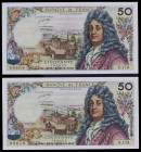 Francia. 1971. Banco de Francia. 50 francos. (Pick 148d). 3 de junio, Jean Racine. Firmas: G. Bouchet, P. Vergnes y H. Morant. Pareja correlativa. Esc...
