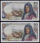 Francia. 1971. Banco de Francia. 50 francos. (Pick 148d). 3 de junio, Jean Racine. Firmas: G. Bouchet, P. Vergnes y H. Morant. Pareja correlativa. Esc...