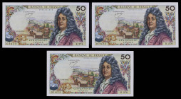 Francia. 1971. Banco de Francia. 50 francos. (Pick 148d). 3 de junio, Jean Racine. Firmas: G. Bouchet, P. Vergnes y H. Morant. Trío correlativo. Escas...
