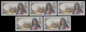 Francia. 1971. Banco de Francia. 50 francos. (Pick 148d). 3 de junio, Jean Racine. Firmas: G. Bouchet, P. Vergnes y H. Morant. 5 billetes correlativos...