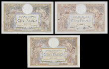 Francia. 1911 a 1939. Banco de Francia. 100 francos. (Pick 71a, 71b y 86b). 3 billetes con fechas y firmas distintas. MBC-/MBC.