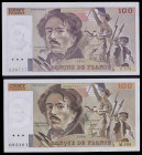 Francia. 1986 y 1990. Banco de Francia. 100 francos. (Pick 154b). Eugène Delacroix. Firmas: P. A. Strohl, J. J. Tronche y B. Dentaud. 2 billetes, punt...