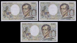 Francia. 1989. Banco de Francia. 200 francos. (Pick 155c). Charles, barón de Montesquiu. Firmas: D. Ferman, B. Dentaud y A. Charriau. Trío correlativo...