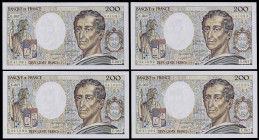 Francia. 1989. Banco de Francia. 200 francos. (Pick 155c). Charles, barón de Montesquiu. Firmas: D. Ferman, B. Dentaud y A. Charriau. 4 billetes corre...
