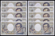 Francia. 1987 a 1995. Banco de Francia. 200 francos. Charles, barón de Montesquiu. 10 billetes con fechas distintas. A examinar. MBC+/EBC+.