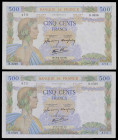 Francia. 1941 y 1942. Banco de Francia. 500 francos. (Pick 95b). Firmas: J. Belin, P. Rousseau y R. Favre-Gilly. 2 billetes. BC+/MBC-.