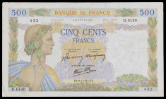 Francia. 1942. Banco de Francia. 500 francos. (Pick 95b). 9 de julio. Firmas: J. Belin, P. Rousseau y R. Favre-Gilly. MBC-.