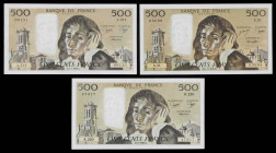 Francia. 1975 a 1985. Banco de Francia. 500 francos. Blaise Pascal. 3 billetes con fechas distintas. Puntos de aguja. Escasos. EBC/EBC+.