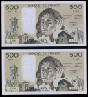 Francia. 1992. Banco de Francia. 500 francos. (Pick 156i). Blaise Pascal. Firmas: D. Bruneel, J. Bonnardin y A. Charriau. Pareja correlativa. Escasos....