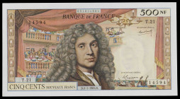 Francia. 1965. Banco de Francia. 500 francos nuevos. (Pick 145a). 8 de enero, Molière. Firmas: G. Gouin d'Ambrières, R. Tondu y P. Gargam. Pliegues ce...