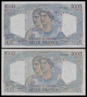 Francia. 1948. Banco de Francia. 1000 francos. (Pick 130b). 26 de agosto. Firmas: J. Belin, P. Rousseau y P. Gargam. 2 billetes. MBC-/MBC.