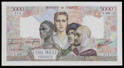 Francia. 1945. Banco de Francia. 5000 francos. (Pick 103c). 15 de febrero. Firmas: J. Belin, P. Rousseau y R. Favre-Gilly. Raro. MBC.