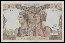 Francia. 1949. Banco de Francia. 5000 francos. (Pick 131a). 10 de marzo. Firmas: J. Belin, P. Rousseau y P. Gargam. Pequeñas perforaciones. Escaso. BC...