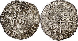 Enrique IV (1454-1474). Sevilla. Medio real de anagrama. (Imperatrix E4:29.8, mismo ejemplar) (AB. 721.1). Florones en las intersecciones de la orla e...