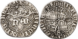 Enrique IV (1454-1474). Sevilla. Medio real de anagrama. (Imperatrix E4:29.7, mismo ejemplar) (AB. 721 var). Roeles en las intersecciones de la orla e...