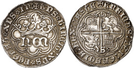 Enrique IV (1454-1474). Sevilla. Real de anagrama. (Imperatrix E4:28.8, mismo ejemplar) (AB. 713.2). Leones coronados. Florones en las intersecciones ...