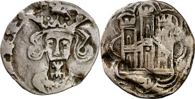 Enrique IV (1454-1474). ¿Palencia?. Cuartillo recortado para circular como medio. (Imperatrix CM:A.9.1, mismo ejemplar). Contramarca: acueducto corona...