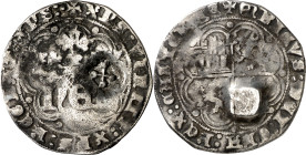 Enrique IV (1454-1474). Burgos. Real de anagrama. (Imperatrix CM:D.8.2, mismo ejemplar). Contramarca: cruz con glóbulos en los extremos en rombo incus...
