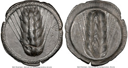 LUCANIA. Metapontum. Ca. 510-470 BC. AR stater (25mm, 12h). NGC Choice VF, flan flaw, scratches. META, barley grain ears; guilloche border on raised r...