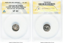 THRACE. Apollonia Pontica. Ca. late 5th-4th centuries BC. AR drachm (15mm, 3h). ANACS VF 30. Ca. 480-450 BC. Gorgoneion facing with open mouth and pro...