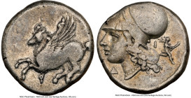 CORINTHIA. Corinth. Ca. 4th century BC. AR stater (20mm, 8.57gm, 7h). NGC VF 2/5 - 3/5. Ca. 375-345 BC. Pegasus flying left, Ϙ below / Head of Athena ...