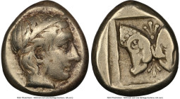 LESBOS. Mytilene. Ca. 454-427 BC. EL sixth-stater or hecte (11mm, 2.51 gm, 1h). NGC Choice Fine 4/5 - 4/5. Laureate head of Apollo right / Two ram hea...