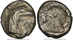 CARIA. Halicarnassus. Ca. 510-480 BC. AR hecte (12mm). NGC Choice XF. Head of ketos right, with pointed ear, pinnate mane, long snout, and mouth open ...