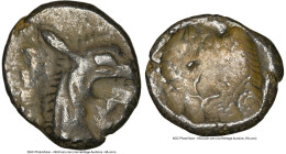 CARIA. Halicarnassus. Ca. 510-480 BC. AR hecte (12mm). NGC Choice VF. Head of ketos right, with pointed ear, pinnate mane, long snout, and mouth open ...