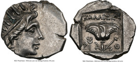 CARIAN ISLANDS. Rhodes. Ca. 88-84 BC. AR drachm (15mm). NGC Choice XF. Plinthophoric standard, Callixeinus, magistrate. Radiate head of Helios right /...