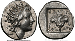 CARIAN ISLANDS. Rhodes. Ca. 88-84 BC. AR drachm (15mm). NGC VF. Plinthophoric standard, Nicagoras, magistrate. Radiate head of Helios right / NIKAΓOPA...